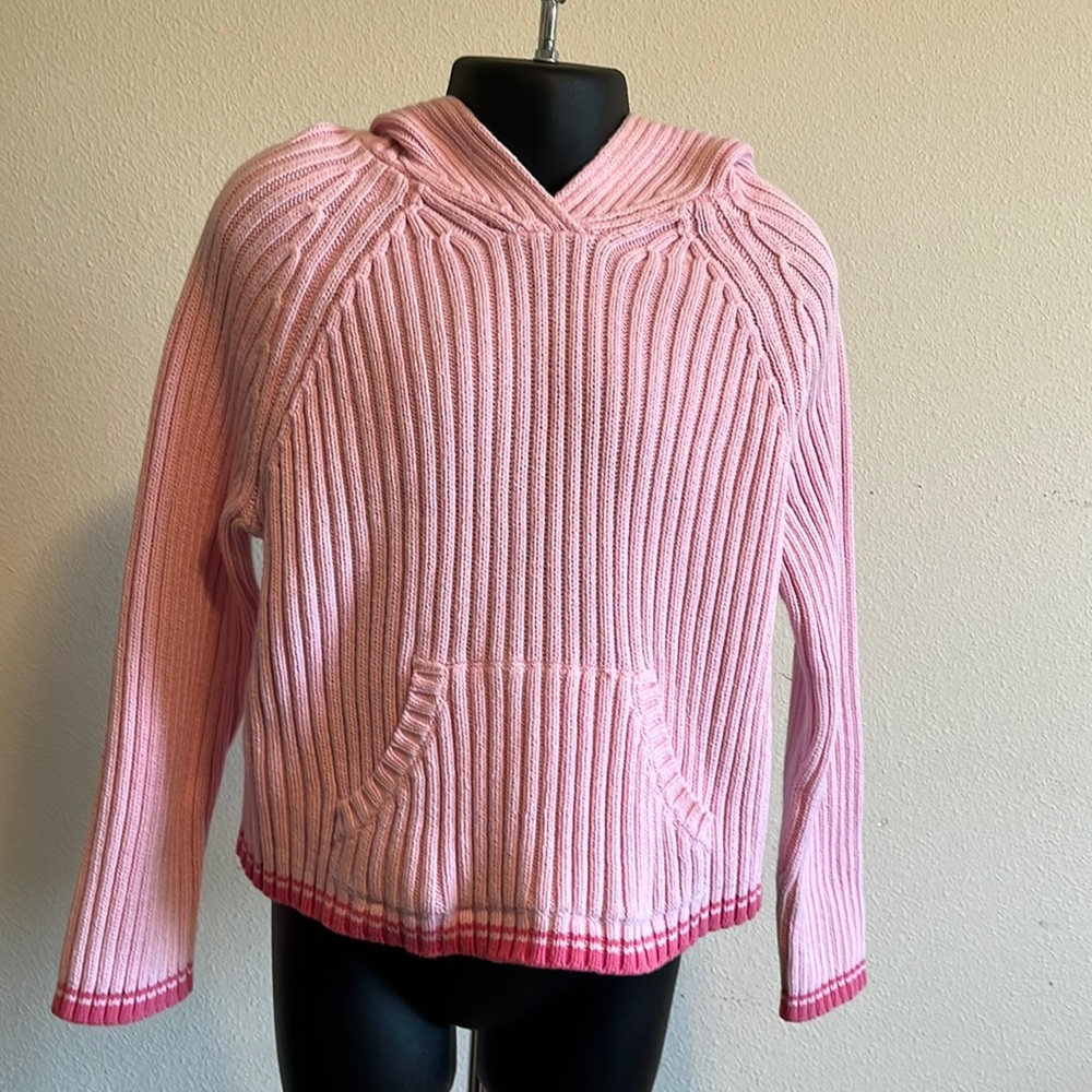 Just Friends 100% Cotton Pink Hooded Sweater Heavy Gauge Cable Knit Size 5 EUC